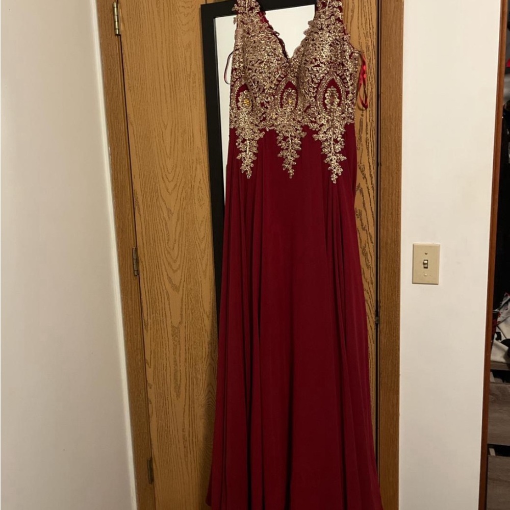 Burgundy and Gold Embellished Prom Dress